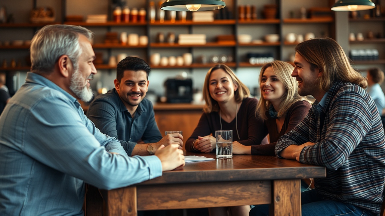 AI generated image by FLUX.1-schnell:  A realistic photograph of a group of men and women sitting around a wooden table, engaged in friendly conversation, smiling and leaning slightly forward as they talk, casual and warm atmosphere, soft natural lighting illuminating their faces, a cozy café background with blurred shelves and warm tones. Captured with Canon EOS 5D, shallow depth of field, natural light accents, hd quality, documentary style --ar 16:9 --v 6.0