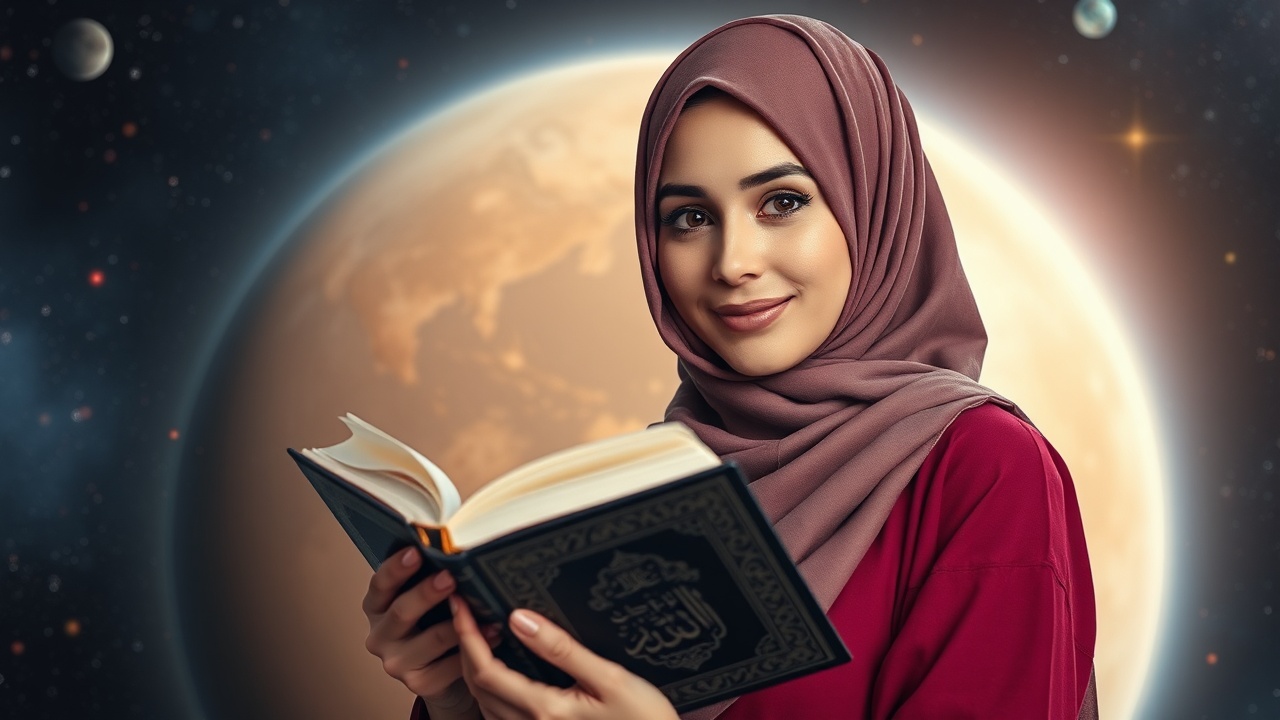 AI generated image by FLUX.1-schnell: a beautiful woman wearing a hijab holding the Koran against the background of the Islamic version of out of space