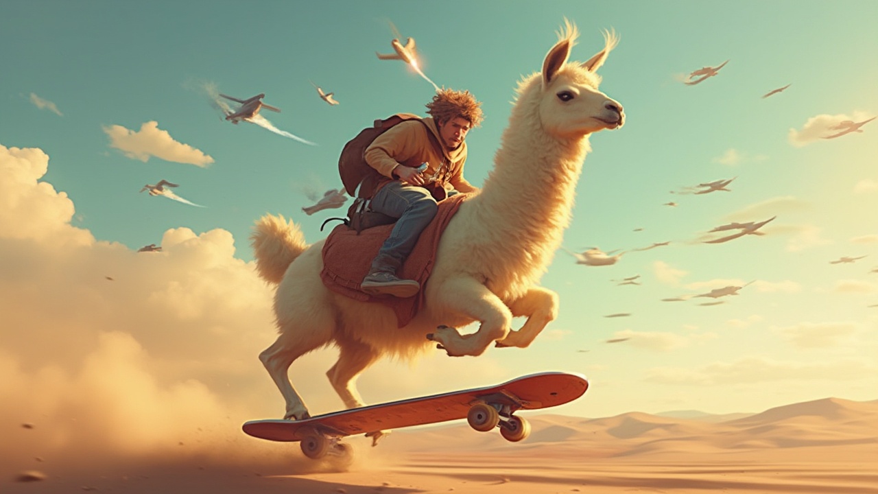 AI generated image by FLUX-Realism-Lora: llama riding a skateboard while being chase by missiles