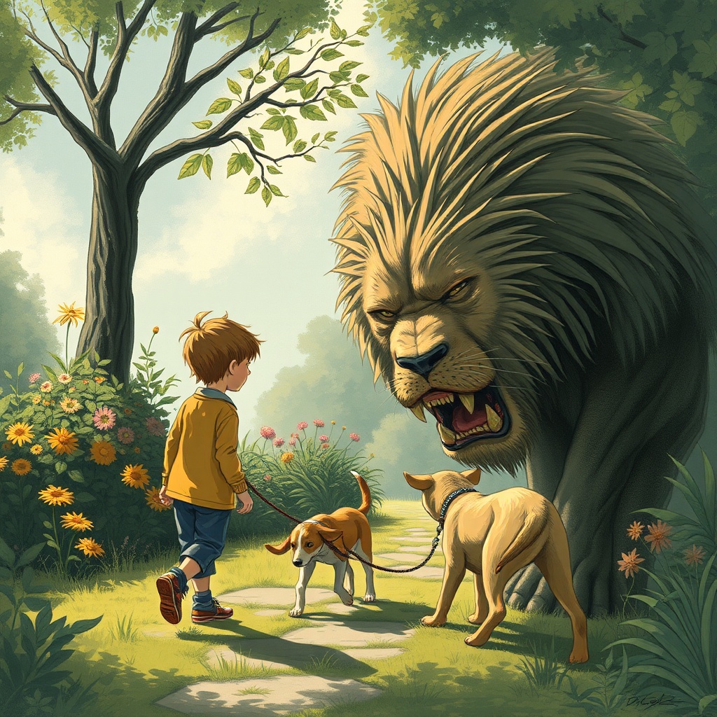AI generated image by FLUX.1-schnell: a boy walking in the garden with his dog, suddently a monster lion come and attack the boy and his dog.