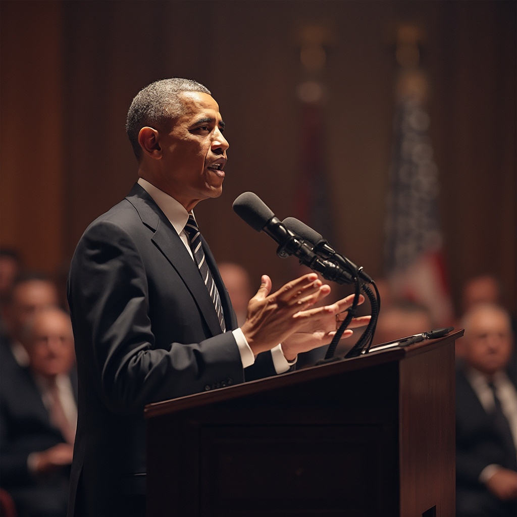 AI generated image by FLUX-Realism-Lora: Brack obama is making a speech