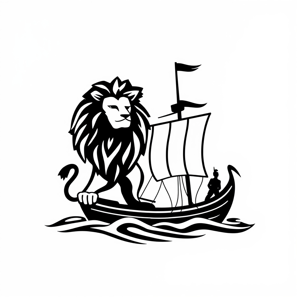 AI generated image by FLUX.1-schnell: Un logo que tenga un leon y un barco, que no sea realista, que diga agencia Cruyff y que sea en negro y ambientado en la edad media