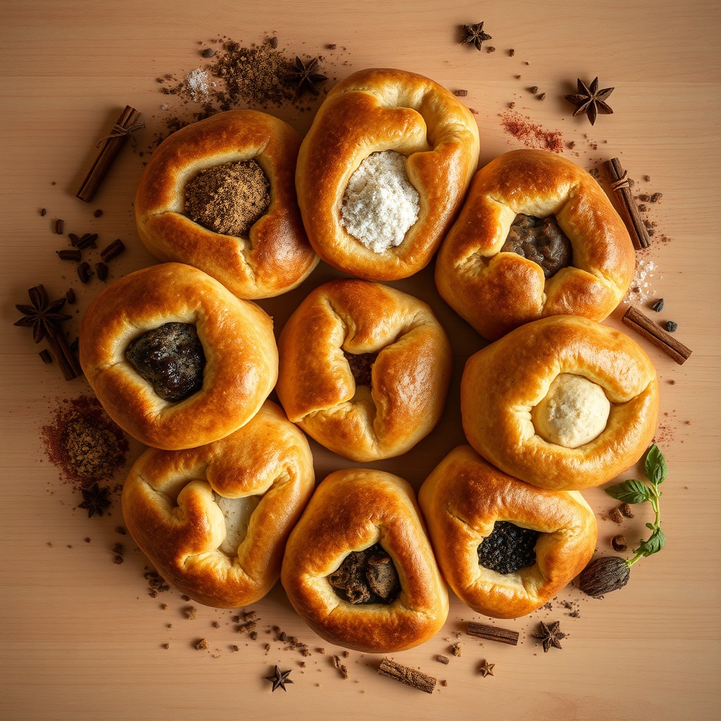 AI generated image by FLUX.1-schnell: An aerial shot of several esfirhas arranged in a circular pattern, alternating between savory and sweet flavors, surrounded by spices like cinnamon, cloves, and sugar for the sweet options, and zaatar and fresh herbs for the savory ones. The setting is on a light wooden table with a deep red background, with spices surrounding the esfirhas to create an appealing, flavorful frame. Soft, evenly distributed lighting enhances the colors and textures of the esfirhas, creating a balanced and appetizing scene. Captured with a Canon EOS 5D Mark IV and a 24-70mm f/2.8 lens, the focus encompasses the entire arrangement, highlighting the rich, inviting look of each esfiha.