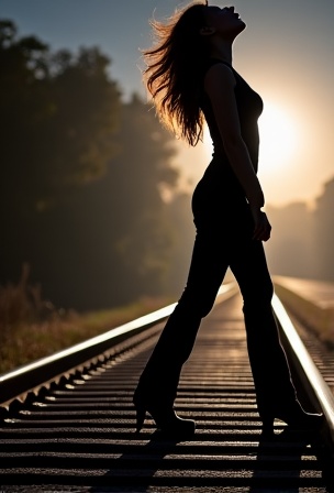 AI generated image by FLUX.1-image-to-image: The silhouette of a woman's wide spreaded legs stands on railroad tracks.  A train spotlight from the background shines between her legs.