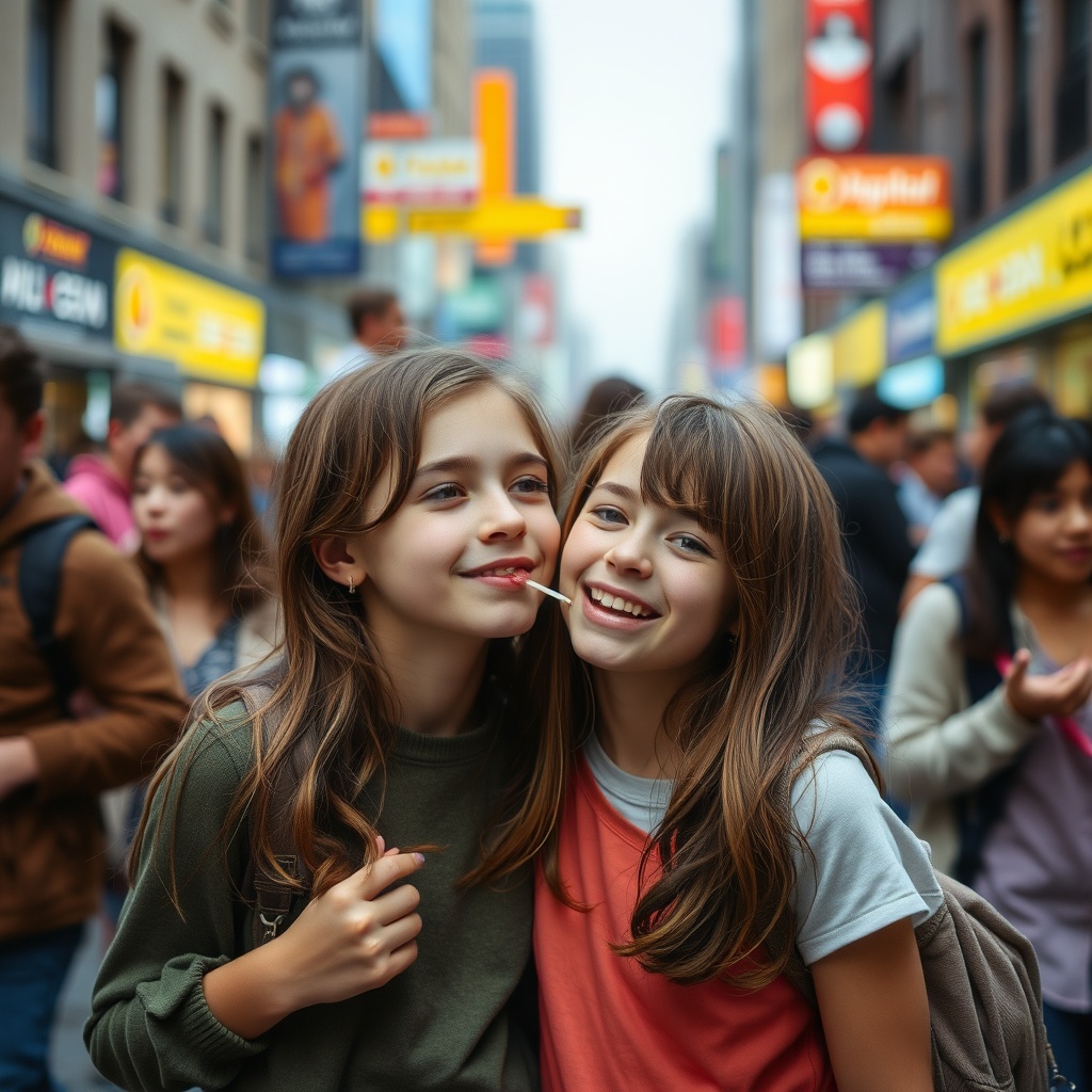 AI generated image by FLUX.1-schnell: two teenage girls in a crowded street, one girl playfully drooling into the other's mouth, candid moment, urban environment, vibrant colors, street photography, natural lighting, high resolution, capturing youthful spontaneity, by Annie Leibovitz and Richard Avedon [Negative Prompt: blurry, distorted faces, unrecognizable features, dark lighting]