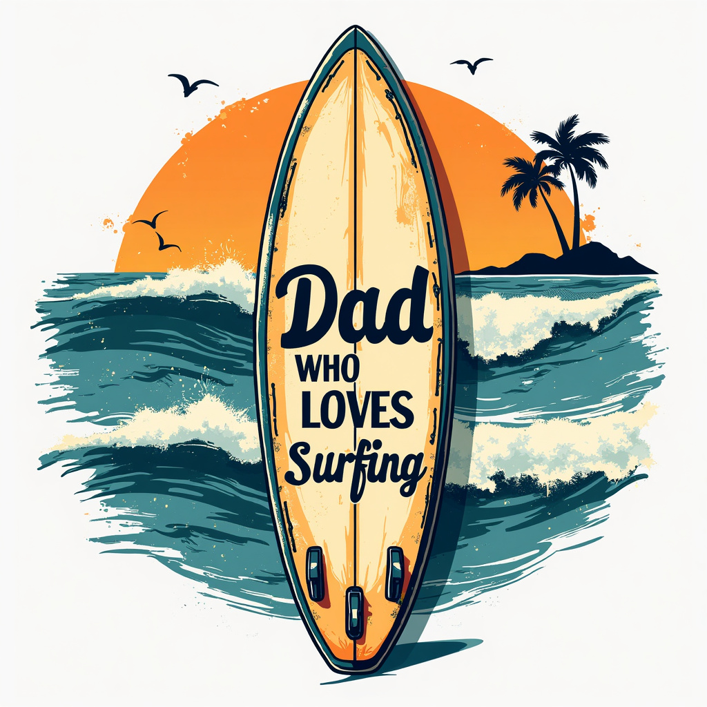 AI generated image by FLUX.1-pro: 2d flat drawing of a vintage distressed graphic design featuring a
surfboard with the words "Dad who loves surfing" isolated on a white
background.