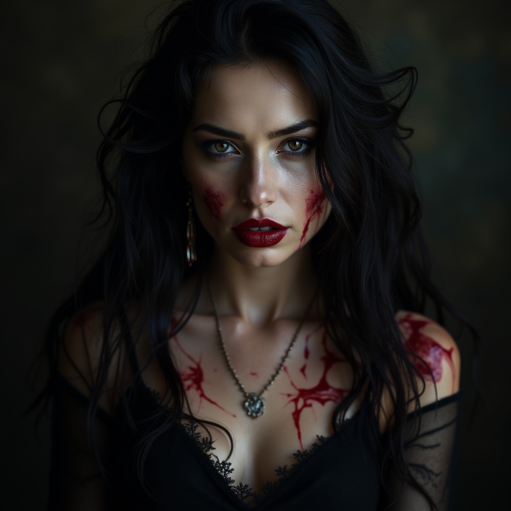 AI generated image by FLUX.1: She the most beautiful vampire girl and she is shot to dead by many enemies. Lot of details, high quality, 15k, View from far away on the vampire girl dying, Real wounds. Ultra realistic photo, Middle European girl, Perfect face, lips, mouth and whole sexy body. She is knelling wounded in the