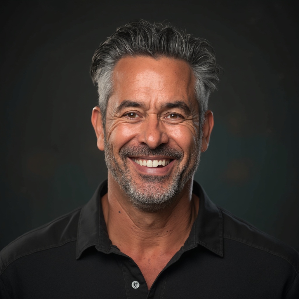 AI generated image by FLUX-Realism-Lora: Hyper-realistic, ultra-high-resolution full-body portrait of a charismatic 50-year-old Hispanic man, 199 pounds, with salt-and-pepper slicked-back hair cascading past shoulders. small smile