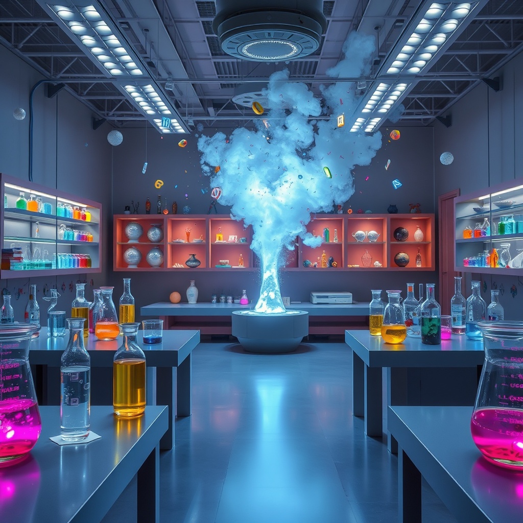 AI generated image by FLUX.1-schnell: Un laboratorio futurista y mágico donde la ciencia y la creatividad se entrelazan. Mesas repletas de elementos abstractos que representan los componentes de un idioma: frascos translúcidos llenos de letras flotantes, tubos de ensayo con colores vivos que simbolizan sonidos, y pizarras holográficas mostrando complejas ecuaciones gramaticales y diagramas sintácticos. Al centro del laboratorio, un dispositivo fascinante similar a un reactor creativo: un núcleo brillante que combina estas 'sustancias lingüísticas', generando un idioma nuevo que emerge en forma de un haz de luz multicolor, palabras en lenguas ficticias flotando etéreamente en el aire y símbolos danzando como si cobraran vida. Todo el ambiente está bañado por una luz tenue, con tonos azules y dorados que evocan misterio y descubrimiento. Detalles adicionales como libros flotando mágicamente, papeles con notas manuscritas dispersas, y un fondo con estanterías llenas de herramientas lingüísticas y artefactos históricos completan la atmósfera. El enfoque debe transmitir la creación de algo nuevo, complejo y hermoso: el nacimiento de un idioma.