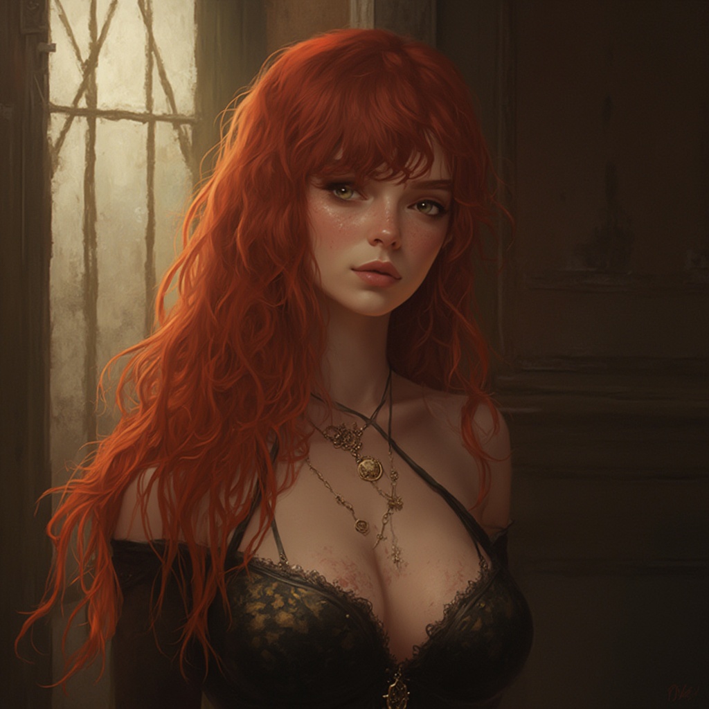 AI generated image by FLUX-Realism-Lora:  girl, 13 years-old, big tits, full body, red hair, sensual