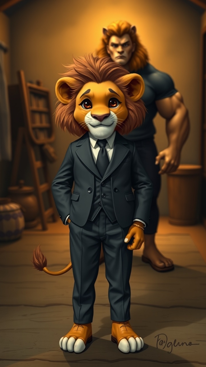 AI generated image by FLUX.1-schnell:  "An anthropomorphic lion boy with human-like hands and feet, now grown and wearing a neat suit, stands confidently with a sense of pride and accomplishment. The background features a simple yet symbolic setting, such as a modest home with dim lighting, representing his journey from hardship. In the distance, his muscular lion father, with human-like arms and legs, wearing a black t-shirt and pants, looks on with a proud expression. The atmosphere conveys hope and success, marking the completion of the boy's studies and the start of a brighter future."