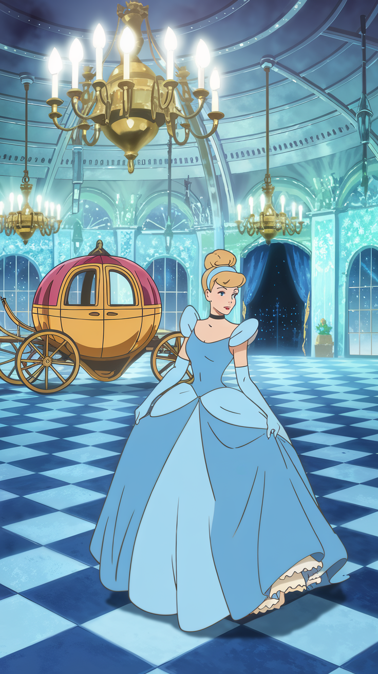 AI generated image by ideogram 2.0: Viral concept art in 4K quality, in the style of digital illustration inspired by Cinderella, featuring the grand ballroom with its elegant chandeliers, Cinderella in her iconic blue gown, and the magical pumpkin carriage outside. The scene should have a dreamy and enchanting atmosphere, with soft lighting and detailed textures, --v5 –stylize 1000