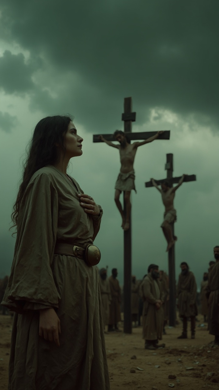 AI generated image by FLUX-Realism-Lora: A cinematic vertical video shot, set in a desolate, ancient landscape under a stormy sky, capturing the intense, emotional moment of a crucifixion scene. In the foreground, a woman stands solemnly with her hand over her heart, her expression a mix of sorrow and quiet strength. She is dressed in earthy-toned, flowing garments with a belt adorned with a simple, round ornament, exuding a sense of timeless spirituality and reverence. Behind her, two men are crucified on wooden crosses, their bodies emaciated and weathered, illuminated by harsh, moody light that contrasts against the ominous dark clouds above. The sky is dense and foreboding, with clouds swirling as if foreshadowing a climactic event, casting a greenish-gray hue that enhances the scene's melancholic atmosphere. A small crowd of onlookers in traditional robes, their faces etched with grief and contemplation, gather in the background, creating a sense of communal mourning.

Camera Movement: A slow, ultra-smooth, downward tilt starting from the top of the crosses, revealing the figures on the cross, then descending to focus on the woman below, capturing her emotional state in a close-up that emphasizes her sorrow. Shot with IMAX camera quality, capturing hyper-detailed photorealism, with each facial expression and fabric fold rendered in ultra-high-definition. The final shot lingers on her face, framed against the dark sky, showcasing award-winning cinematography that highlights depth and texture, emphasizing realism, emotional resonance, and a cinematic HD photorealistic finish. Jesus is the person who is being crucified in the center of the image. Generate the image of Jesus crucified.