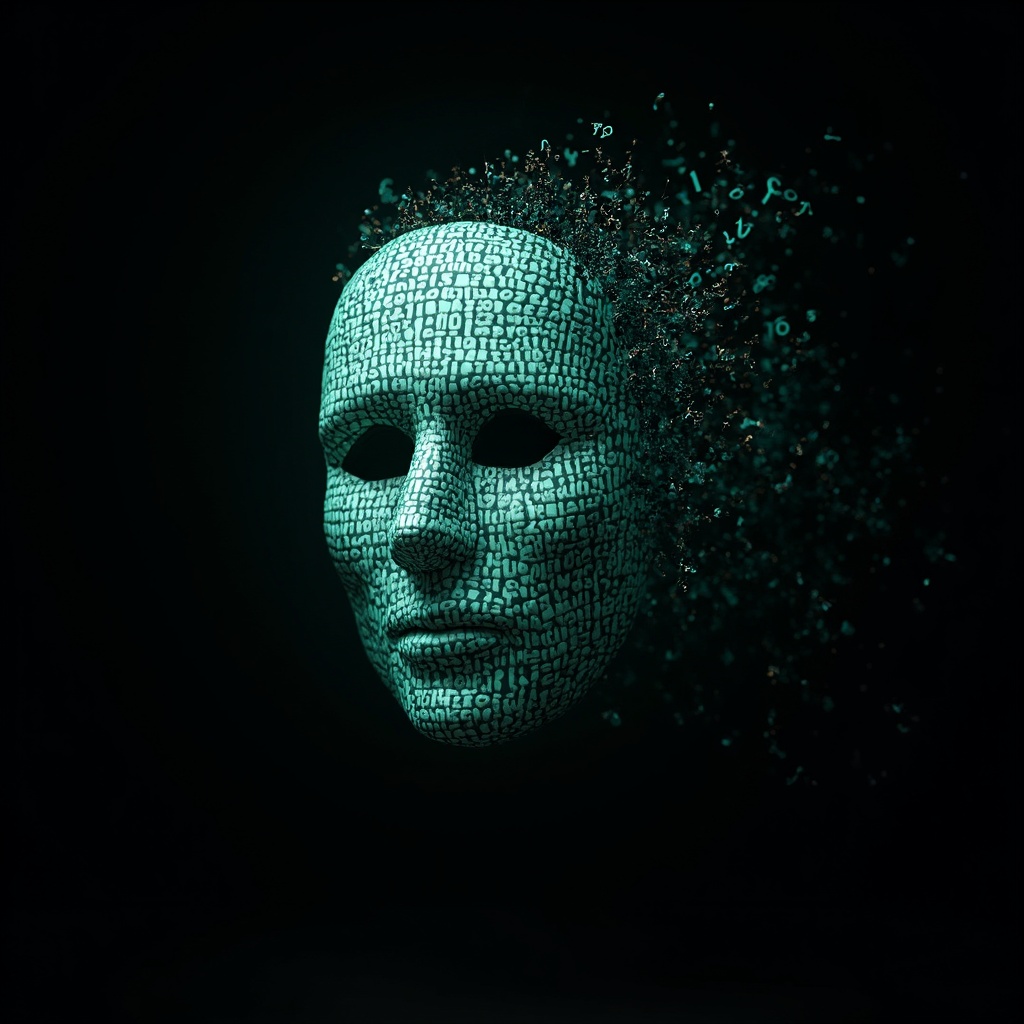 AI generated image by FLUX-Realism-Lora: Ada Lovelace's face as a digital mask made from thousands of turquoise numbers and formulas forming his face. the formulas and numbers fly behind the mask leaving a trail of complexity. the mask is floating dynamically in mid air. his head is turned to the right but his eyes are looking directly into the camera. the mask is on a black background.  like a png with black only background. photo realistic, sci-fi, human features hair