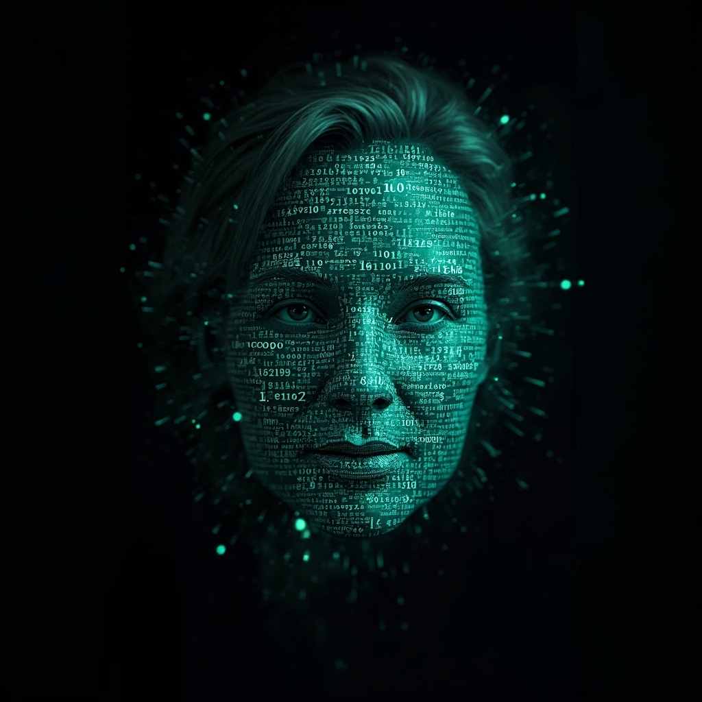AI generated image by FLUX-Realism-Lora: Emmy Noether's face as a digital mask made from thousands of bright turquoise numbers and formulas forming her face. (she has a round, fat face is 45 years old and has long hair which is made into a plait. She has slightly swollen eyelids) The formulas and numbers fly behind the mask leaving a trail of complexity. The mask is floating dynamically in mid air. Her head is slightly turned to the right but her eyes are looking directly into the camera. The mask is on a black background. Like a png with black only background. Photo realistic, sci-fy