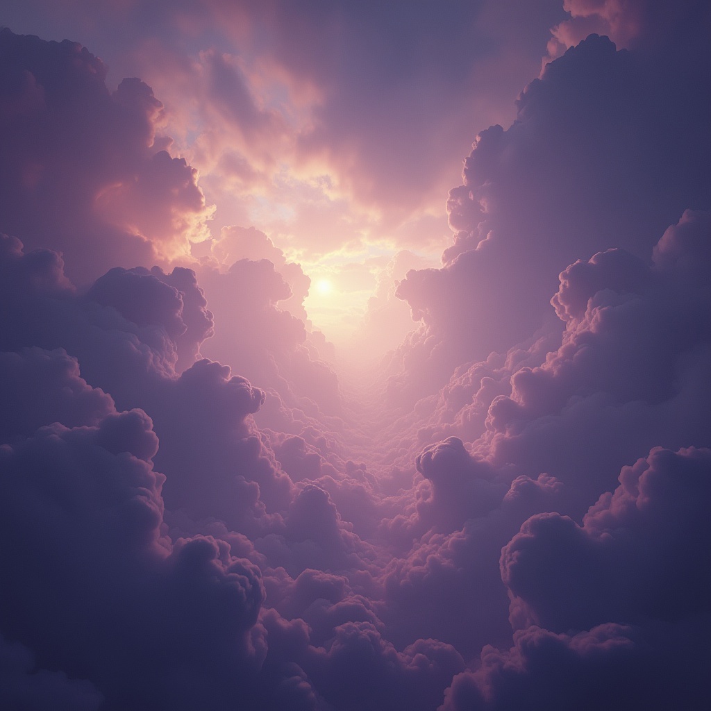 AI generated image by FLUX.1-pro: A deep, atmospheric background with a sense of perspective. The scene should feature a vast, expansive sky with soft, ethereal clouds drifting across it. The lighting should be soft but striking, with rays of light breaking through the clouds, suggesting divine presence. Use a color palette of deep purples and soft blues, with glowing accents to create a mystical and contemplative atmosphere. The scene should feel spiritual, inviting reflection and awe, with a focus on depth and tranquility.