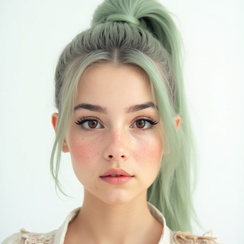 AI generated image by FLUX-Realism-Lora: Cute Woman , Face Portrait , Front view , White and Green High Ponytail Hairs , White Background , Portrait Photo