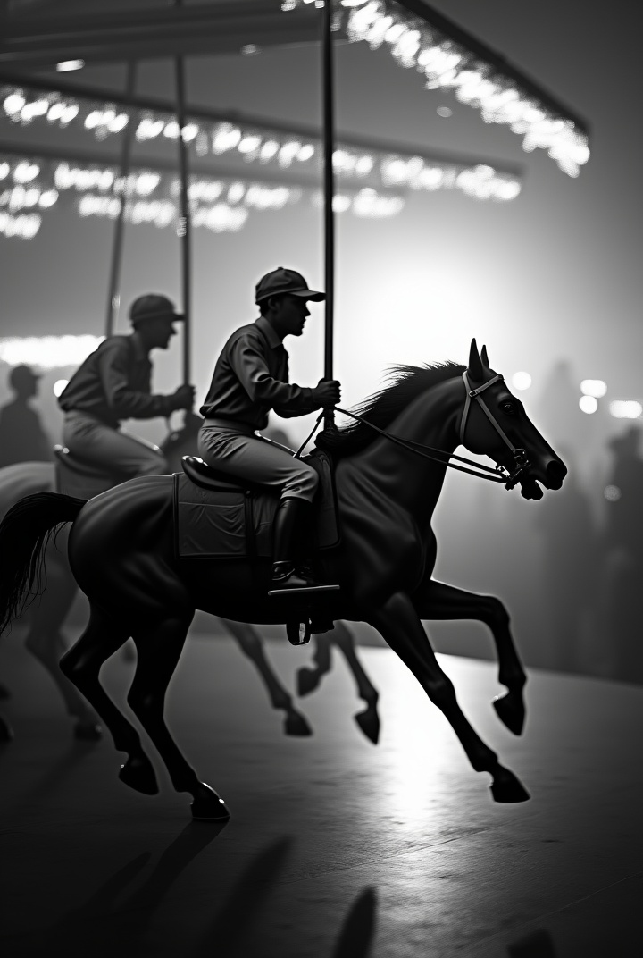 AI generated image by FLUX.1: A closeup black and white photo of jockeys racing carousel. The race contest is very intense and dramatic. Motion blur. Backlight 