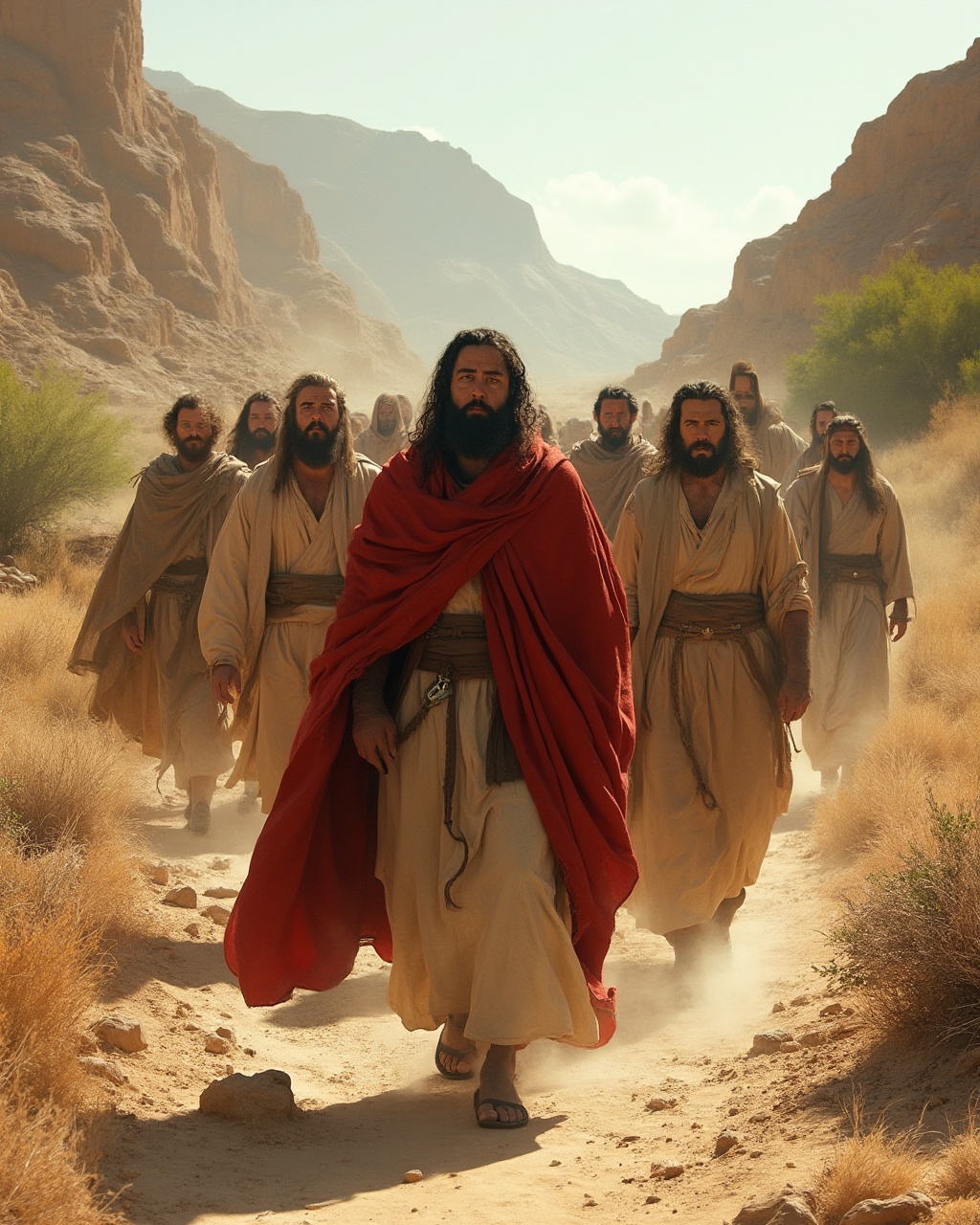 AI generated image by FLUX-Realism-Lora: A realistic and atmospheric scene of a group of men dressed in traditional biblical attire walking through a rugged desert landscape. Leading the group is a bearded man with intense, focused eyes, wrapped in a deep red cloak over beige robes, conveying authority and purpose. His sandals grip the dusty, rocky path, and his posture is upright and determined. Behind him, several followers in similar attire walk closely, their expressions solemn and attentive, indicating respect and unity. The background features arid mountains and sparse desert vegetation, with a few green trees breaking the monotony of the beige and brown tones of the terrain. The bright, clear sky and warm sunlight cast soft shadows, emphasizing the warmth of the environment and the sense of a journey through a sacred or historical landscape. The scene conveys themes of leadership, faith, and resilience.