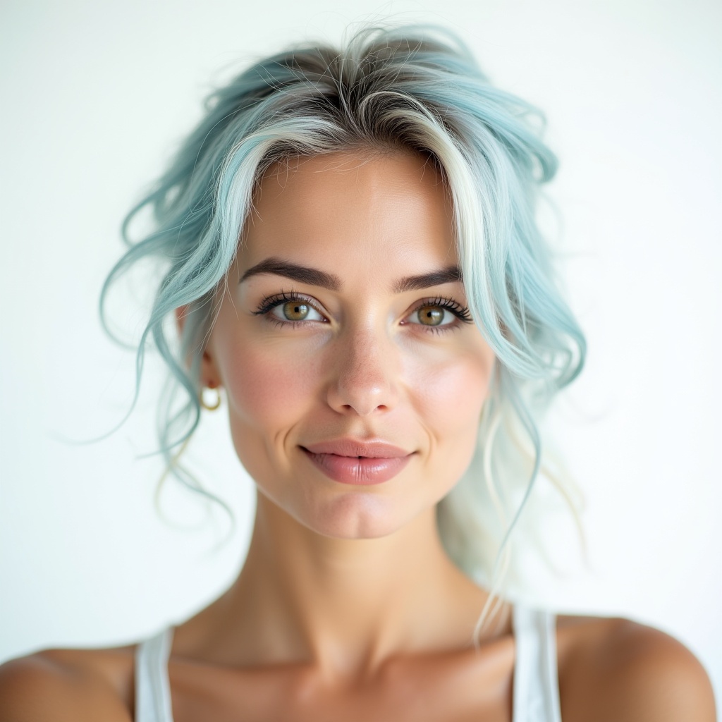 AI generated image by FLUX.1: Beautiful American Woman , Face Portrait , Front view , White and Blue Messy Hairs , White Background , Portrait Photo , Looking Forwards , Front view 