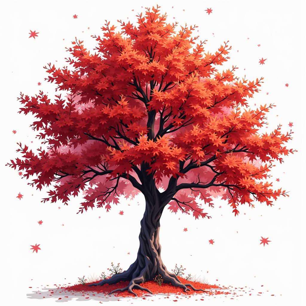 AI generated image by FLUX.1-pro: best quality,illustration,a maple tree (acer palmatum) in spring,with fresh red small leaves,(pure white background:1.2),