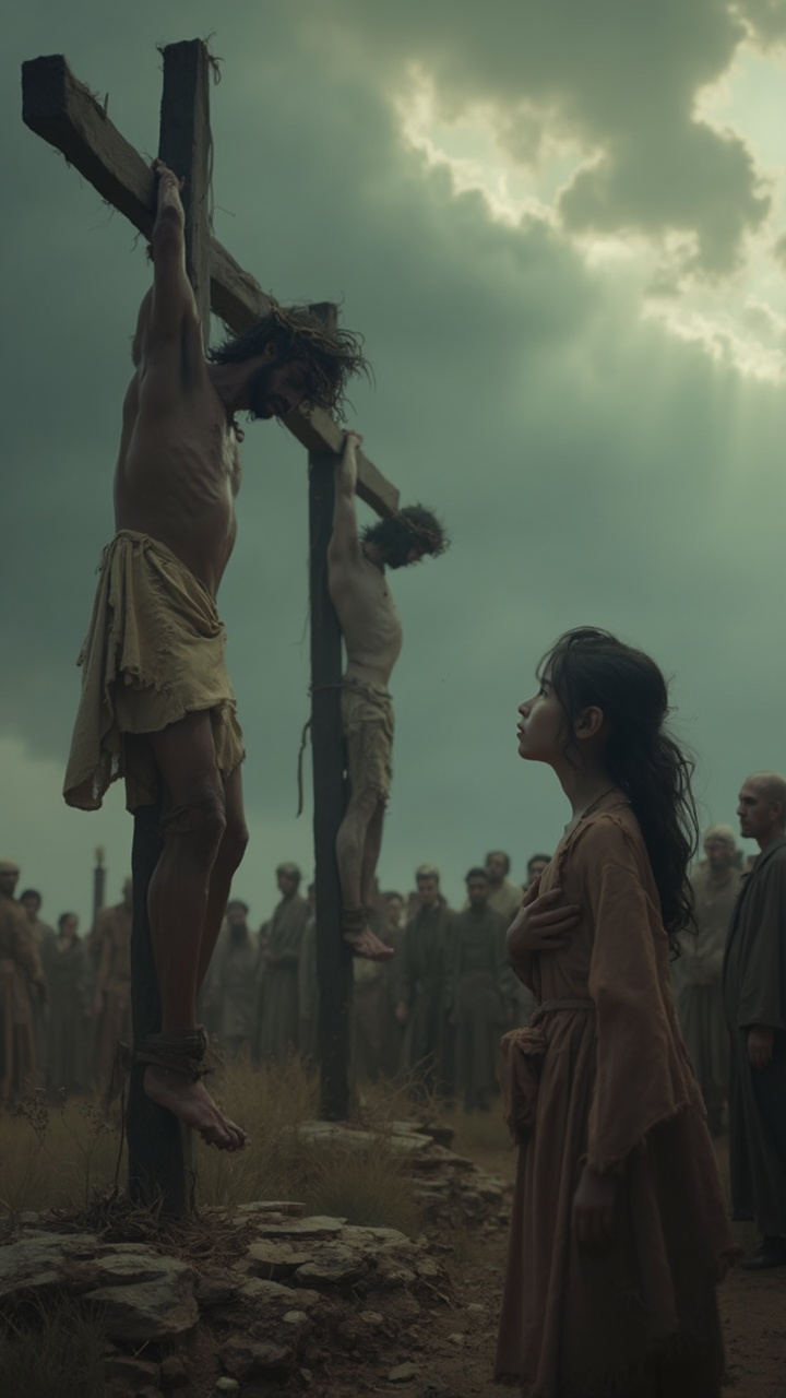 AI generated image by FLUX-Realism-Lora: A somber, atmospheric scene set against a stormy sky, depicting the crucifixion of Jesus in a hyper-realistic, cinematic style. Jesus, one of the two men on the crosses, appears visibly pained and sorrowful, with precise details capturing the agony in his face and body. His figure is thin and frail, marked by wounds on his hands, feet, and side, and he is dressed in a simple cloth wrapped around his waist. The muscles of his body are tense, his head slightly lowered, with a crown of thorns resting upon his brow, adding an unmistakable layer of suffering. The scene is viewed from a low-angle close-up shot, emphasizing the scale of the crosses and the heaviness of the moment, shot in ultra-high-definition, with IMAX-quality detail and extreme photorealism.

In the foreground stands a young girl, about 12 years old, replacing the woman from the original image. She gazes up at Jesus with an expression of deep sorrow and loss, her eyes welling up with emotion as she clutches her hand over her heart, evoking a raw, innocent grief. Her face is framed by loose dark hair, and she wears a simple, flowing robe in muted earth tones, blending seamlessly with the desolate landscape. The camera gradually zooms in on her face, capturing the depth of her sadness, as dark clouds churn in the sky above, casting dramatic shadows across the scene. In the background, a small crowd of somber onlookers, clad in period-appropriate robes, watches silently, adding to the gravity of the event. The lighting is muted, with shafts of diffused sunlight breaking through the clouds, illuminating Jesus and casting the girl in soft, tragic radiance. The entire shot is ultra-smooth, with cinematic crispness, hyper-detailed, and award-winning cinematography techniques, evoking a deep, emotional response.
