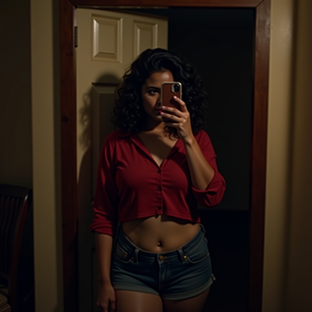 AI generated image by FLUX.1:  A young Indian woman in her 20s curvy build, takes a mirror selfie in a fully lit room, her face shrouded in shadows, with only a hint of her features visible. She wears a pair of low-waisted denim shorts and a cropped red shirt, accentuating her waistline. Inspired by the works of Gregory Crewdson, Nadav Kander, and Loretta Lux, with their expertise in cinematic lighting and atmospheric tension. Shot on 35mm film, with a vintage aesthetic, employing a V-Raptor XL camera, and incorporating a subtle film grain, vignette, and meticulous color grading, post-processing techniques to evoke a sense of depth and drama. The image is a masterful blend of realism and cinematic flair, exuding an epic, stunning, and dramatic quality, reminiscent of a live-action film still. 