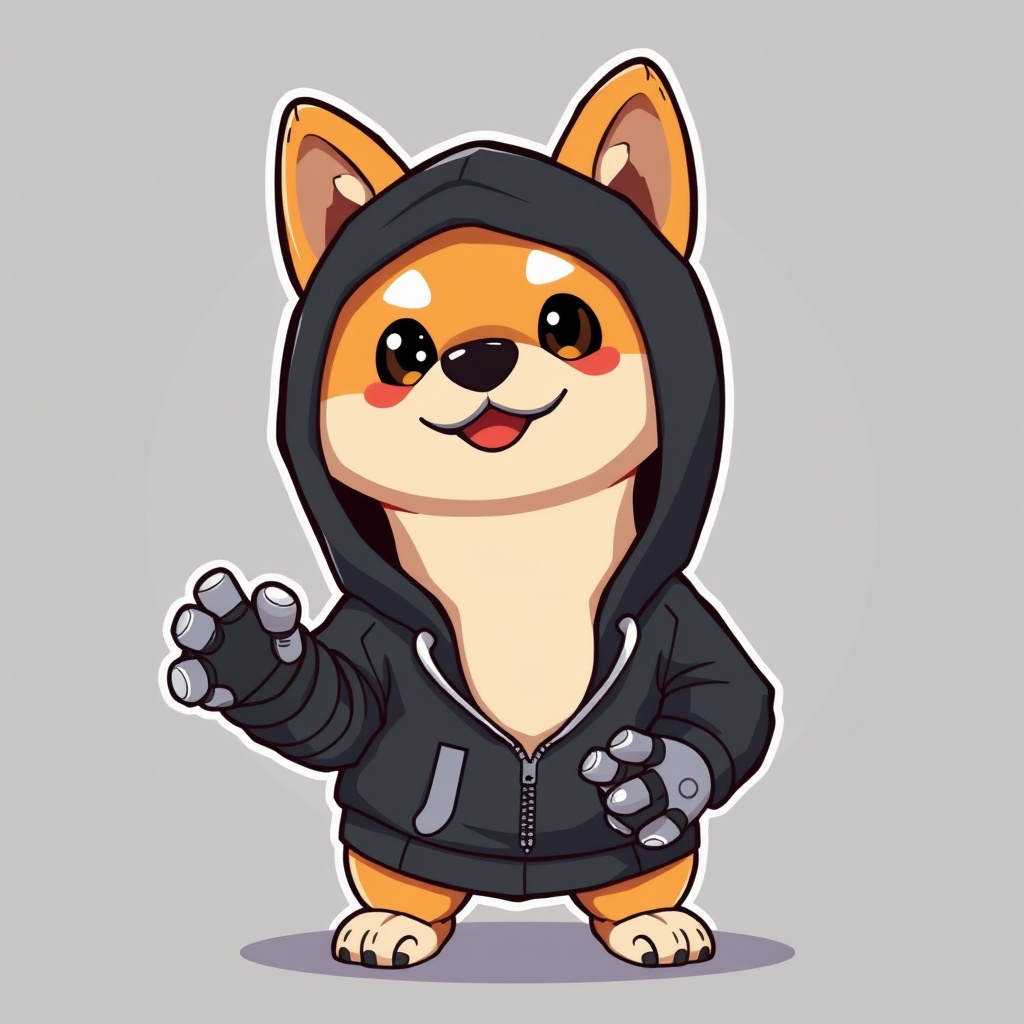 AI generated image by FLUX.1-schnell: 2d cartoon style image of Shiba Inu dog in a black hoodie with robot paws