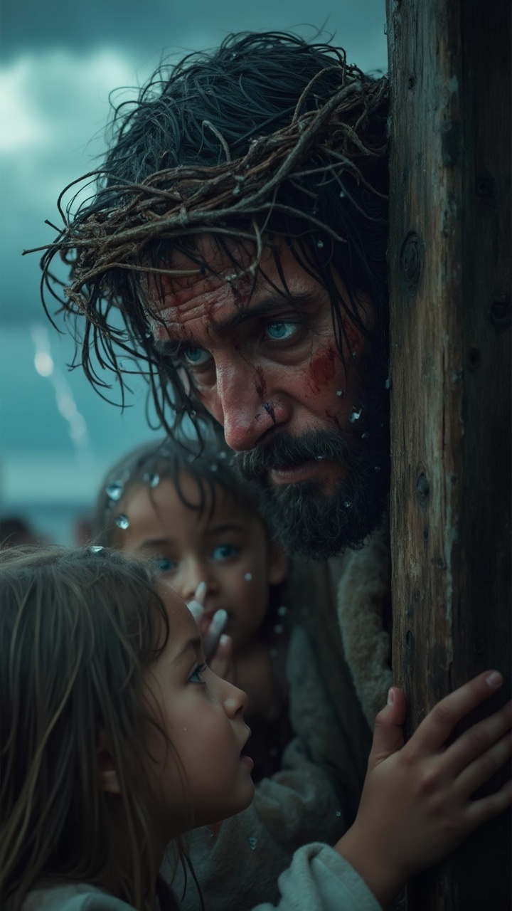 AI generated image by FLUX-Realism-Lora: In an intensely emotional scene set against a stormy, darkened sky over the sea, Jesus stands close to a weathered wooden cross, his face illuminated by a dim, cold light. His expression is deeply compassionate, with piercing blue eyes that convey profound sorrow and empathy. Blood trickles from beneath a thick, thorny crown, highlighting the suffering etched across his face. The camera begins with an ultra-close-up shot of Jesus’s face, emphasizing his wet, tangled hair and streaks of blood. Then, it smoothly zooms out, revealing children approaching him with awe and reverence. Their faces are innocent, yet full of sorrow, mirroring Jesus’s expression as they reach out toward him, seeking comfort. The scene is captured in hyper-detailed photorealism, every droplet of rain sliding down Jesus’s face and the texture of his robe visible in sharp detail. Shot with an IMAX camera for ultra-high definition, the cinematography employs a cinematic HDR effect, making the lightning in the distance cast stark shadows on his features, creating an almost otherworldly aura around him. The ultra-smooth movement, vivid realism, and emotional intensity immerse viewers in a powerful, evocative portrayal of compassion.