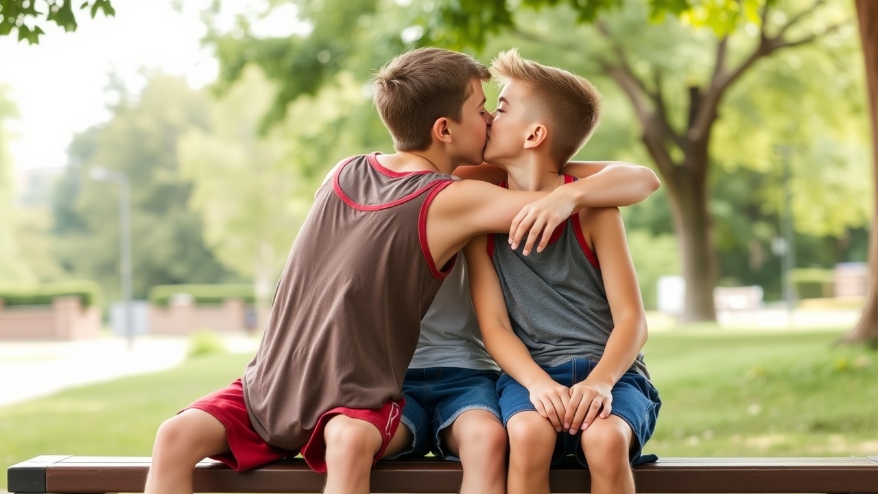 AI generated image by FLUX.1-schnell: Two tween boys sitting on a bench kissing each other, one with his arm around the other, wearing tank tops and shorts