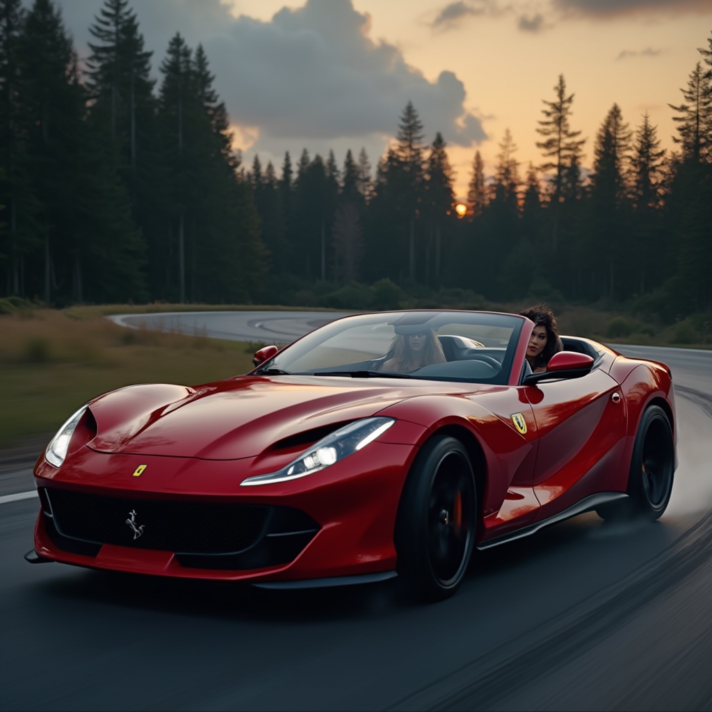 AI generated image by FLUX-Realism-Lora: Imagine a spectacular scene captured in cinematic detail: On a circular drift track at dusk, a striking red Ferrari F8 Spider Mansory stands out as the centerpiece, its illuminated headlights casting dramatic shadows on the sleek curves of the car. The camera is precisely positioned just 2 meters away from the vehicle, offering a unique side view that perfectly frames the driver's seat. In that seat, a beautiful and smiling young woman with flowing black hair exudes confidence and energy, her expression the very embodiment of thrill and elegance. On the passenger side, an equally attractive blonde complements the scene with her poised presence. Enveloped by a dense pine forest, the setting contrasts vividly with the vibrant red of the Ferrari, all rendered in realistic, Leica-authentic colors with high contrast that accentuates every detail. The atmosphere is intense yet natural, with no other people or vehicles in sight, allowing the raw excitement of the moment to shine through