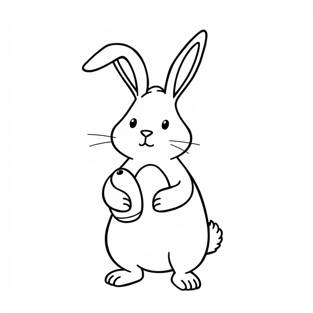 AI generated image by FLUX.1-schnell: Ein einfaches, cartoonhaftes Bild, in einem minimalistischen Stil, geeignet für ein Malbuch. Linien sind dick und klar, ohne interne Details, schwarz-weiß, nur schwarze Umrisse auf weißem Hintergrund, Hase mit Osterei