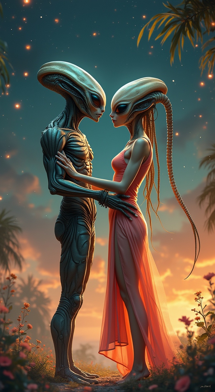 AI generated image by FLUX.1-pro: 1 casal de aliens (feminino e masculino) muito queridos a lanchar numa lanchonete. A Olhar um para o outro. Ambos têm 1 balão de texto branco por cima. O alien masculino diz "adorava dançar contigo a noite toda!" A alien mulher diz "então vamos ao baile do Emanuel e da Tânia" Ambiente mágico e romântico digno de poster de cinema Verifica a ortografia dos textos-balões e devem estar escrito em português