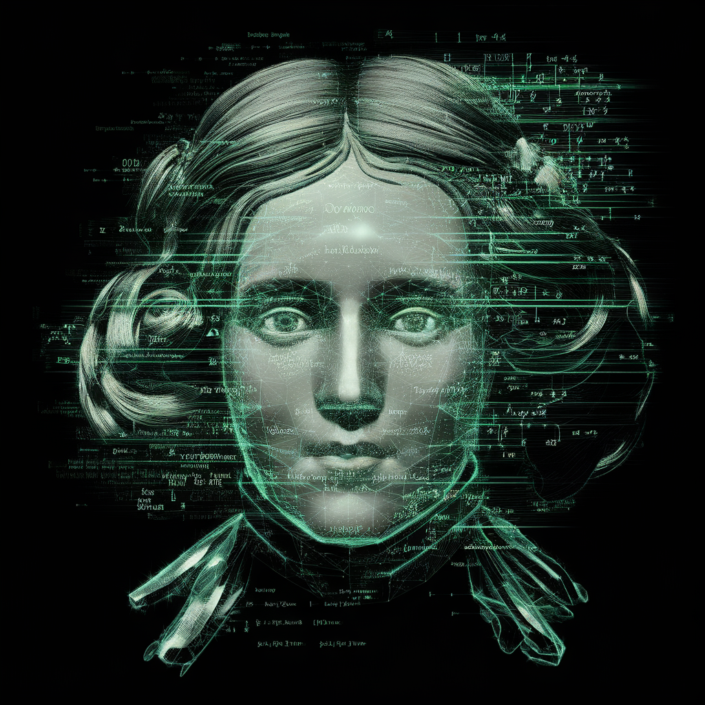 AI generated image by ideogram 2.0: Ada Lovelace's face as a digital mask made from thousands of turquoise numbers and formulas forming his face. the formulas and numbers fly behind the mask leaving a trail of complexity. the mask is floating dynamically in mid air. his head is turned to the right but his eyes are looking directly into the camera. the mask is on a black background.  like a png with black only background. photo realistic, sci-fi, human features hair