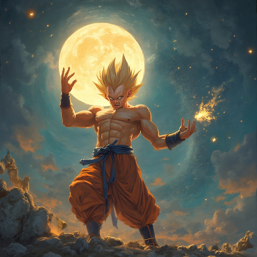 AI generated image by FLUX-Realism-Lora: goku peleando con saitama en la luna