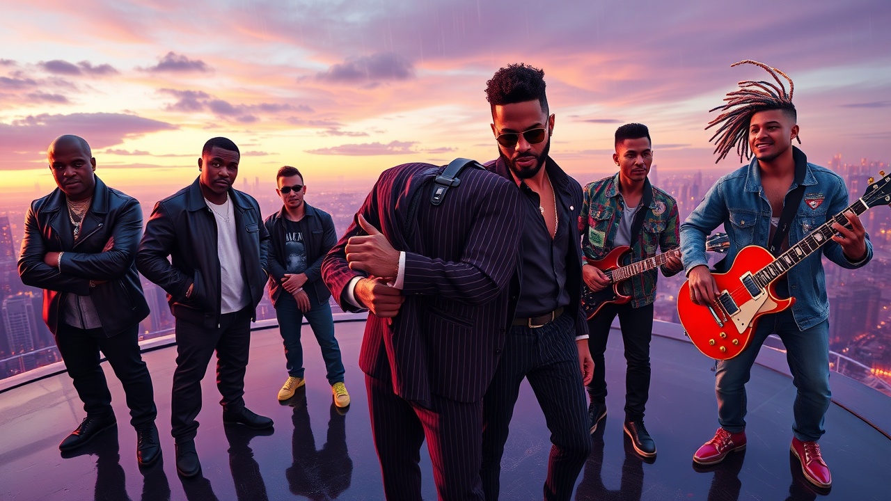 AI generated image by FLUX.1-schnell: Grand Theft Auto 6 official loading screen art style mixed with Vogue editorial photography. Wide shot, 5 African American men, musical supergroup on rain-slicked skyscraper helipad at dusk. Neon purple and gold skyline background.
(Center): Husky male, cocky arrogance, adjusting cufflinks, tailored dark pinstripe suit, heavy gold chain, Ray-Bans, salt-and-pepper goatee, curly frohawk.
(Far Left): Dark skinned male, bald, black leather biker jacket, sunglasses, arms crossed, stoic.
(Mid Left): Light skinned male, freckles, bleached-tip dreads, vintage punk tee, neck tattoos, leaning forward, raw emotion.
(Mid Right): Male with box fade, clean-shaven, designer bomber jacket, holding drumsticks, sharp intelligent look.
(Far Right): Male with wild colorful braids, patchwork denim jacket, holding electric guitar, dynamic crouching pose, laughing.
Cinematic golden hour rim lighting, volumetric fog, sharp focus, 8k, masterpiece, Afropunk luxury aesthetic