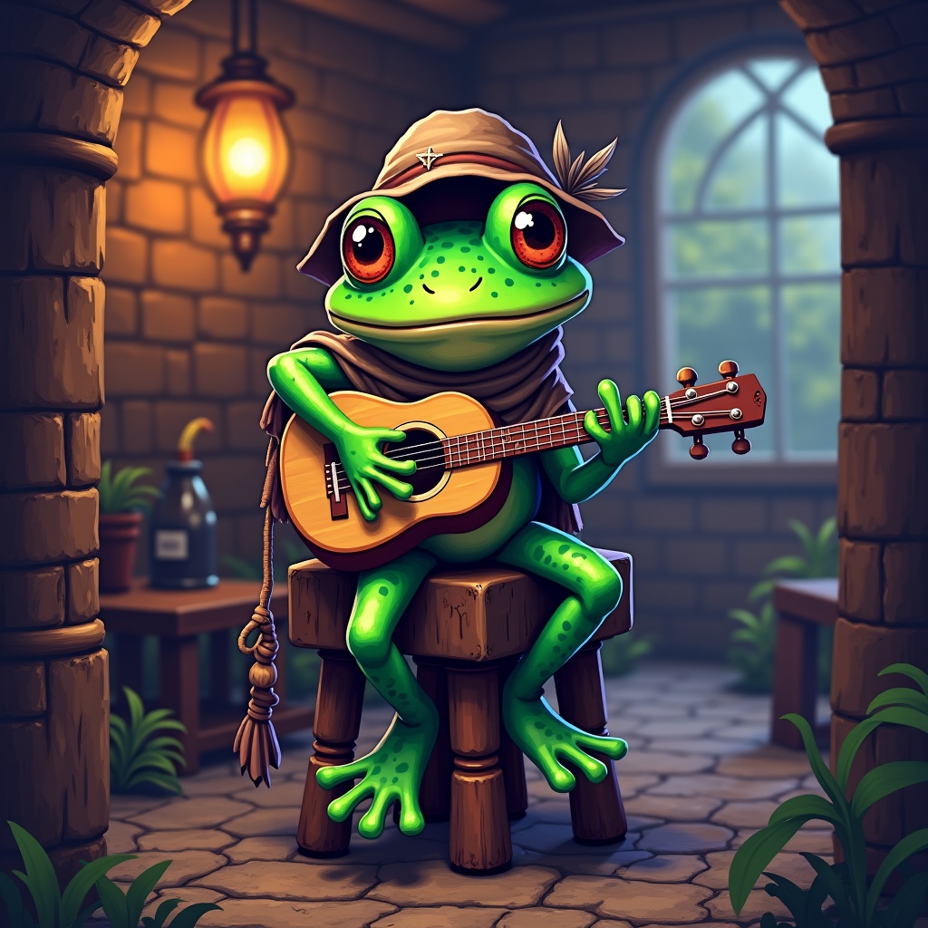 AI generated image by FLUX.1: A small, comical frog bard perches confidently on a weathered wooden stool beneath the flickering torchlight of a rustic medieval tavern. Its vibrant green skin, dotted with faded battle scars, gleams softly despite the dim pixelated glow. Clad in a tattered patchwork cloak and a crooked bard’s hat with a worn feather, the frog’s wide, expressive eyes shine with mischievous wisdom and quiet resilience. A lute rests in its hands, fingers frozen mid-strum, as if caught in the middle of a heartfelt melody that echoes through the grainy pixel air. Behind it, the tavern’s pixelated timber beams creak, and scattered patrons blur into muted, blocky shapes, lost in the crackling warmth of a dying fire.

Rendered in a retro, 16-bit pixel art style, the scene is drenched in grainy textures and soft CRT scan lines, with subtle pixel bloom highlighting the lute’s strings and the bard’s breath in the chilly night air. The palette is limited yet vibrant — a nostalgic homage to classic SNES-era fantasy RPGs. This frog bard is both a humorous companion and a steadfast storyteller — a pixelated relic of an age when every note and every pixel carried weight. Quirky. Loyal. Unforgettable.