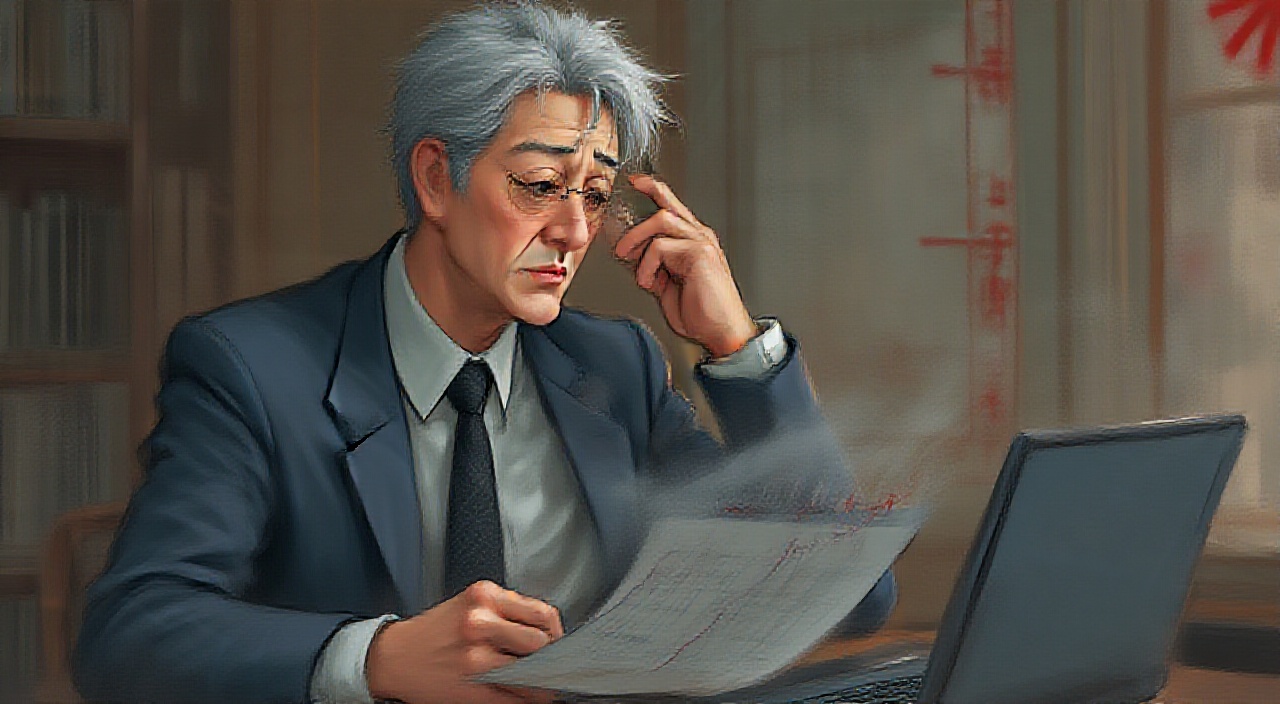 AI generated image by FLUX.1-pro: A Japanese politician in a suit and tie, gray hair, with a worried expression, analyzing economic crisis graphs on a laptop. The setting is a formal office, with a Japanese flag in the background. Photo realistic, -air 16:9