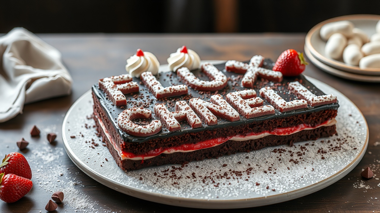 AI generated image by FLUX.1-schnell: black forest gateau cake spelling out the words "FLUX SCHNELL", tasty, food photography, dynamic shot
