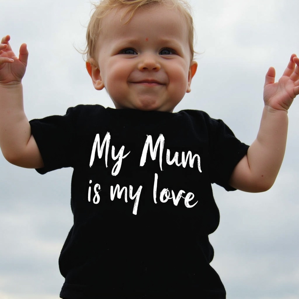 AI generated image by FLUX-Realism-Lora: A photo of a black t-shirt with a white print of the text "My Mum is my love " on the front. The text is written in a swollen ink, cursive script. The shirt is being worn by a baby boy with their arms raised. The background is cloudy.