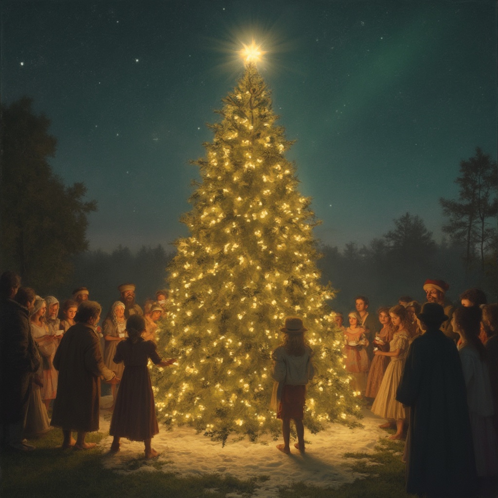 AI generated image by FLUX-Realism-Lora: Bitte erstelle das Bild eines Kindes das in einer Wüste nachts um den Christbaum tanzt.