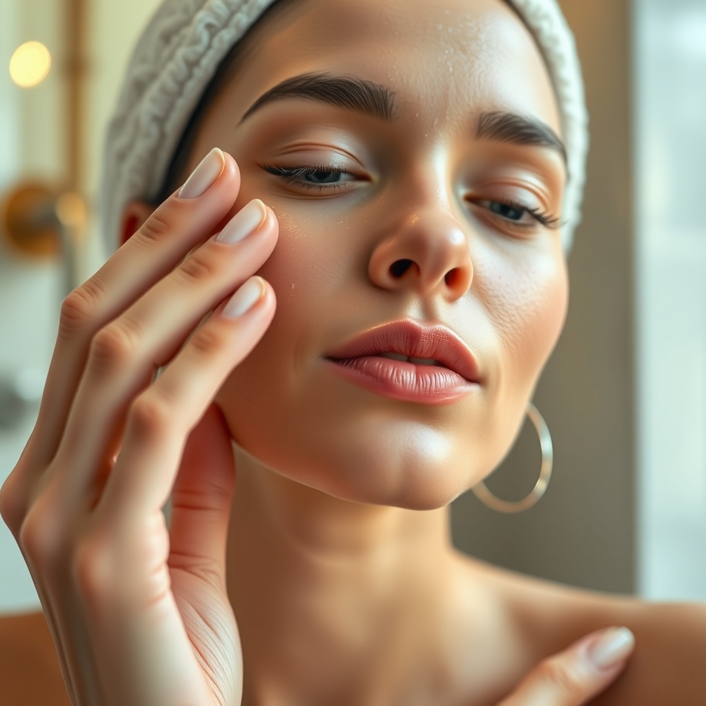 AI generated image by FLUX.1-schnell: Ultra realistic close-up beauty shot of a woman gently applying luxury skincare serum on her face, soft glowing skin, visible natural texture, elegant bathroom spa environment, warm soft lighting, cinematic composition, premium cosmetic advertisement style, shallow depth of field, highly detailed hands and skin interaction, 85mm lens look