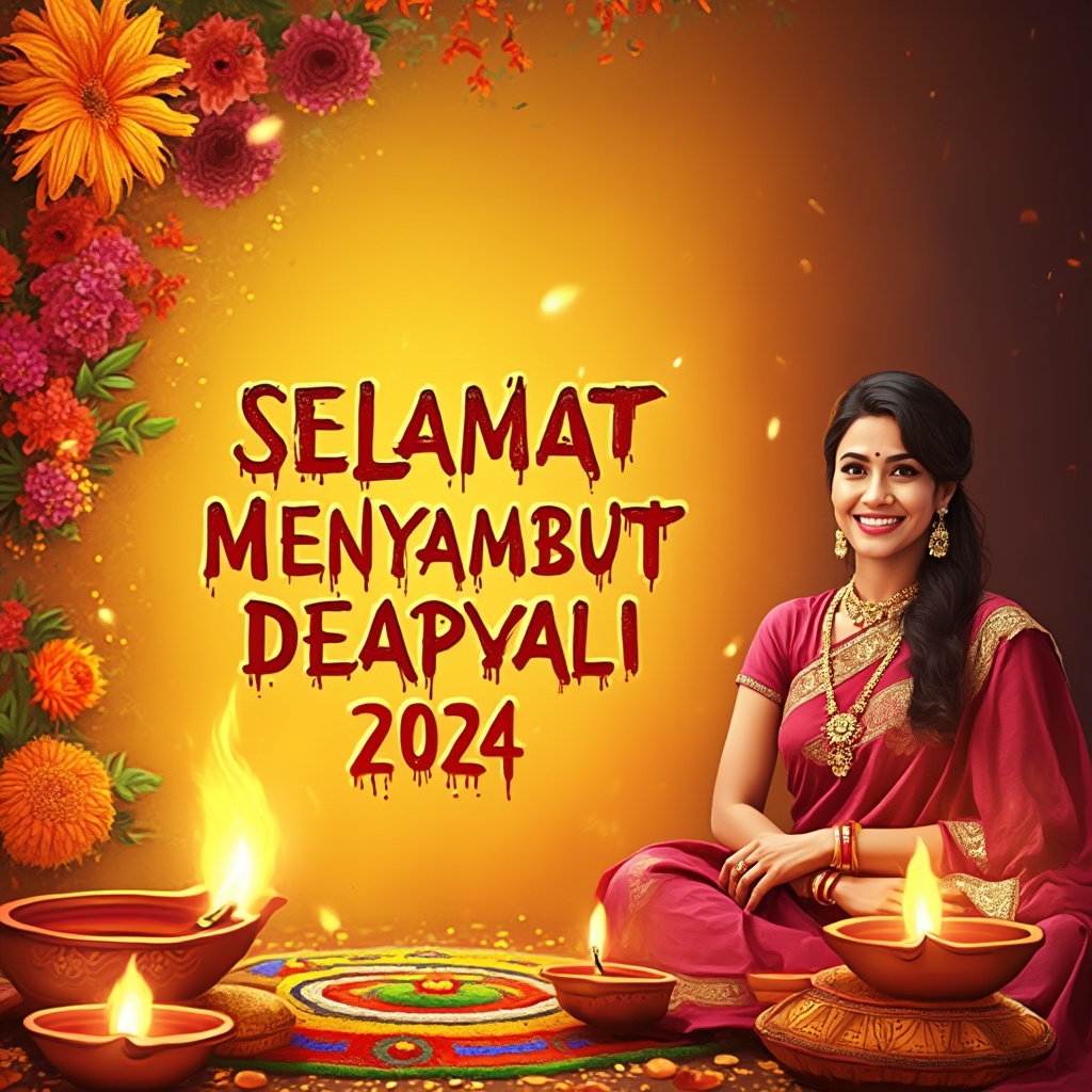 AI generated image by FLUX-Realism-Lora: A vibrant Deepavali greeting card featuring traditional elements like lit oil lamps (diyas), colorful rangoli patterns, and vibrant marigold flowers. The background has warm, festive colors such as gold, orange, and red, with sparkles to enhance the celebratory feel. On the side, add a beautiful Indian woman dressed in traditional attire, smiling joyfully. Include bold, elegant text that reads “SELAMAT MENYAMBUT DEEPAVALI 2024.” The composition should reflect joy, warmth, and the spirit of togetherness, with the woman placed to the side to complement the message.
