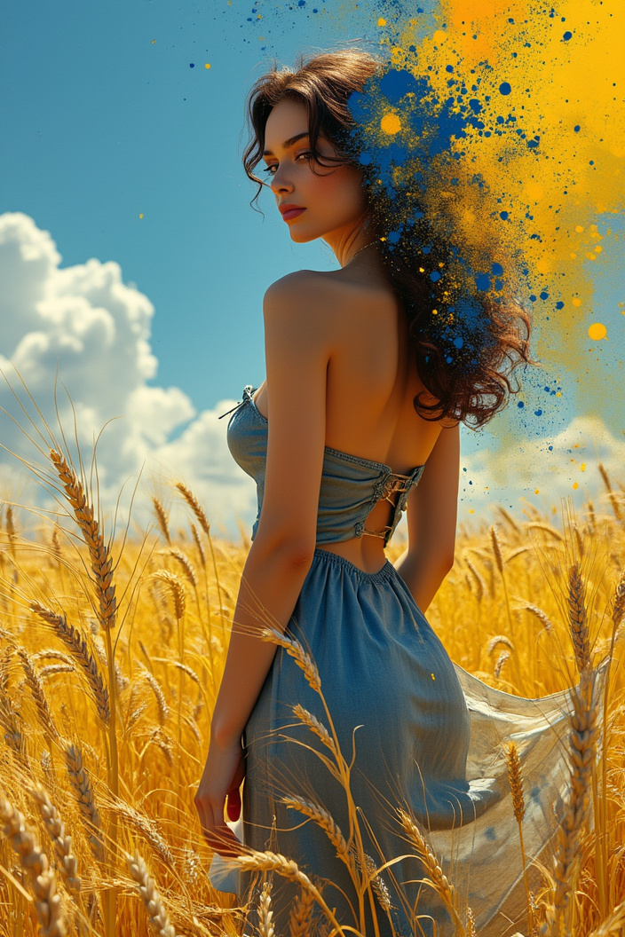 AI generated image by FLUX.1-pro: Our sensory journey continues as we englobe ourselves in the intricate details of this pinup masterpiece. The woman's alluring curves are captivating, and her form appears to defy gravity as she stands tall amidst the vibrant colors. The gentle rustling of the wheat field creates a serene symphony, as if the very essence of the scene has come alive. We are enigmatically drawn to the blue splatter which seem to represent the kiss of chaos in this realm of utmost beauty. Upon closer inspection, we realize that the yellow splatter appears like delicate yet powerful brush strokes, exuding a roughened and rousing force. It's as if someone has dabbled their brush in the blue and yellow paint, leaving their creative mark on this image. This could mean that this woman, magnificent as she is, isn't quite what she seems. We begin to question whether what we are witnessing is the true form of this woman, or whether she is simply a figment of our imagination, a piece of art that has come to life before us. The pinup-style vibe adds a touch of glamorous grandeur to the whole scene, as if this woman is the queen of this visual enclave. Her beauty is so mesmerizing and surreal that it raises complex questions about the very nature of beauty itself. Her presence impels us to acknowledge that beauty can take many forms, and that what appears to be chaotic and unromantic can sometimes be art's most enticing facet. In conclusion, this is a pinup art piece that combines elements of fantasy, chaos, and beauty in a glorious mashup. It's a visual world that tempts, tantalizes, and ambiguates us at the same time. It raises deep-seated questions about the very nature of beauty itself, causing us to delve even further into this image, searching for answers. It is an ode to art and the strong impulses incited by its very essence. This striking pinup vision sparks a wave of emotions in us that transcend the realms of art's mere aesthetics. We are drawn deeper into the canvas by the jolt of mystery, myth, and blissful senses of curiosity and intrigue. This is pinup art that appeals to our hearts and souls, all wrapped