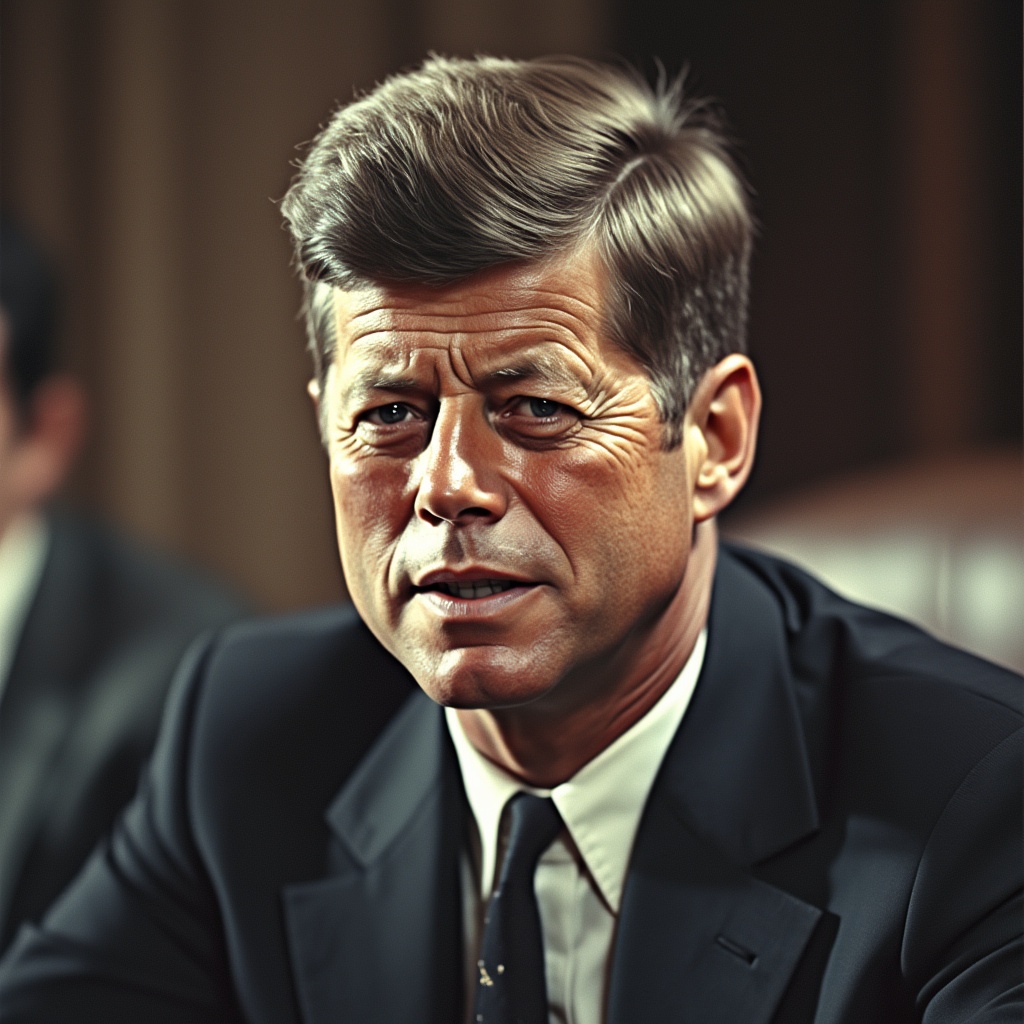 AI generated image by FLUX.1-pro: A realistic color photo of President John F Kennedy as a fifty year old man in the year 1967. He is charismatically looking into the camera, but he has aged seven years as president leads to some hints of gray in his hair, and other signs of aging consistent with being 50 years old. This photo is his alternate history Wikipedia photo