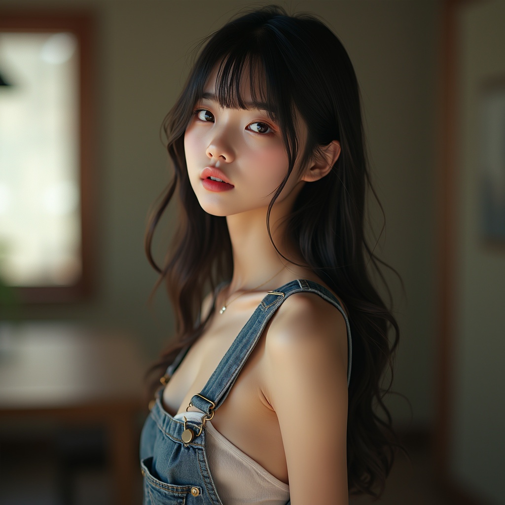 AI generated image by FLUX.1-pro: A photorealistic image of a young woman with long hair and bangs, wearing overalls indoors. She has soft lips and bare shoulders, with a side view emphasizing her upper body and revealing a sideboob. The background is intentionally blurred, creating a shallow depth of field effect. She is looking directly at the viewer with a calm expression. The lighting is soft and natural, enhancing the warm atmosphere.