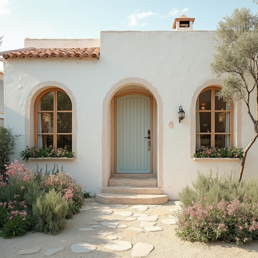 AI generated image by FLUX-Realism-Lora: A quaint and elegant village house with smooth whitewashed walls and a charming tiled roof. Simple yet artistic in design, the house has large arched windows framed with natural wood, allowing soft light to pour into cozy, open spaces. The front door, painted a soft pastel color, is surrounded by blooming flowers, while a small stone path leads to a peaceful garden. The design is minimal, but every detail feels thoughtfully placed, creating a warm, inviting atmosphere that blends effortlessly with the natural beauty of the surrounding countryside