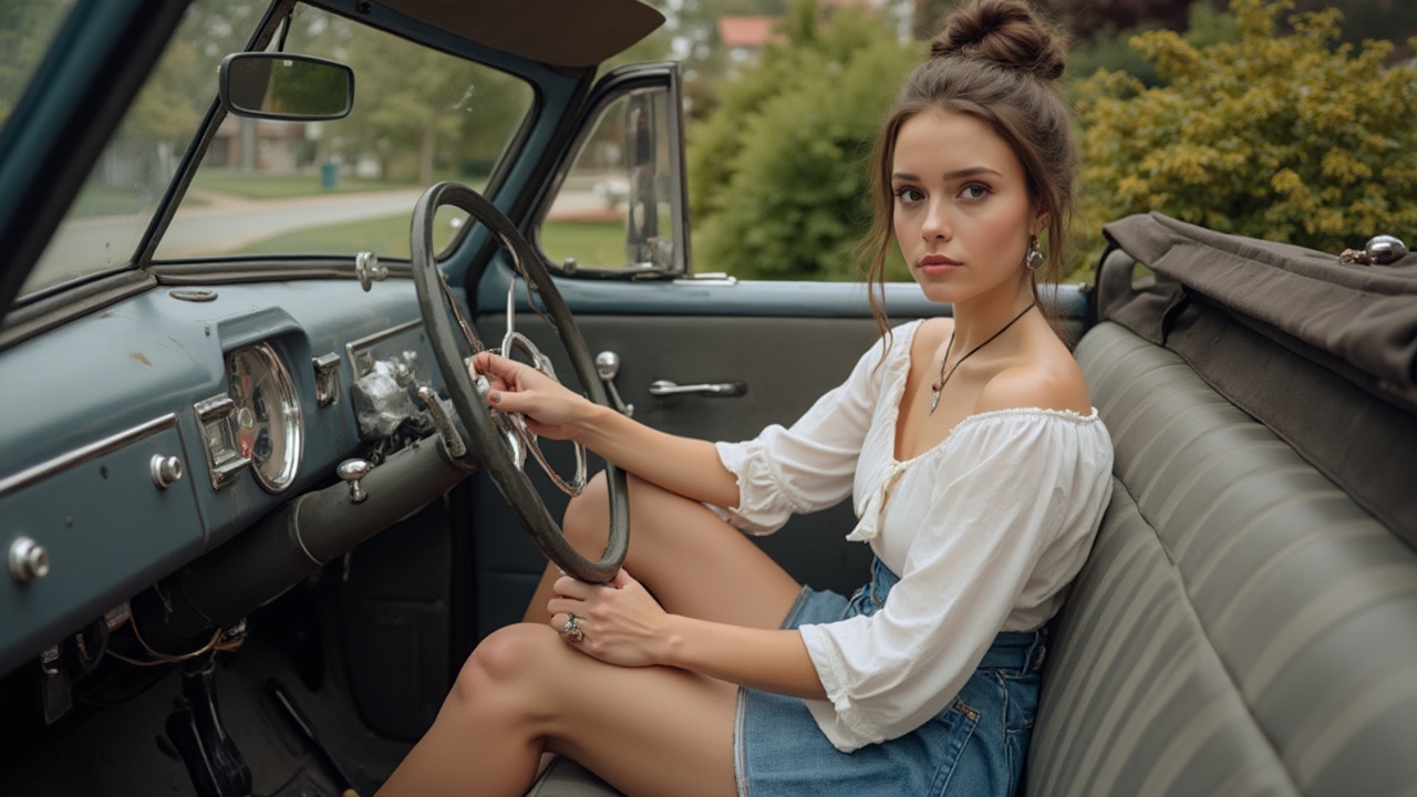 AI generated image by FLUX-Realism-Lora: Camera positioned on right side of 1948  Chevrolet convertible with the top down parked in the driveway of a older home in a quiet neighborhood. Camera aimed at feet and pedals. Beautiful, very petite young Scandinavian woman 30 years sitting in driver’s seat behind steering wheel. Both hands on the steering wheel. Feet resting on floorboard.. Long brown hair gathered into a bun. Pale complexion. Lipstick light eye makeup. Hoop earrings. Off-shoulder 3/4 sleeve white peasant blouse. Tight-fitting denim miniskirt hemmed mid thigh. Cork ultra high wedge slides pink vamp. 