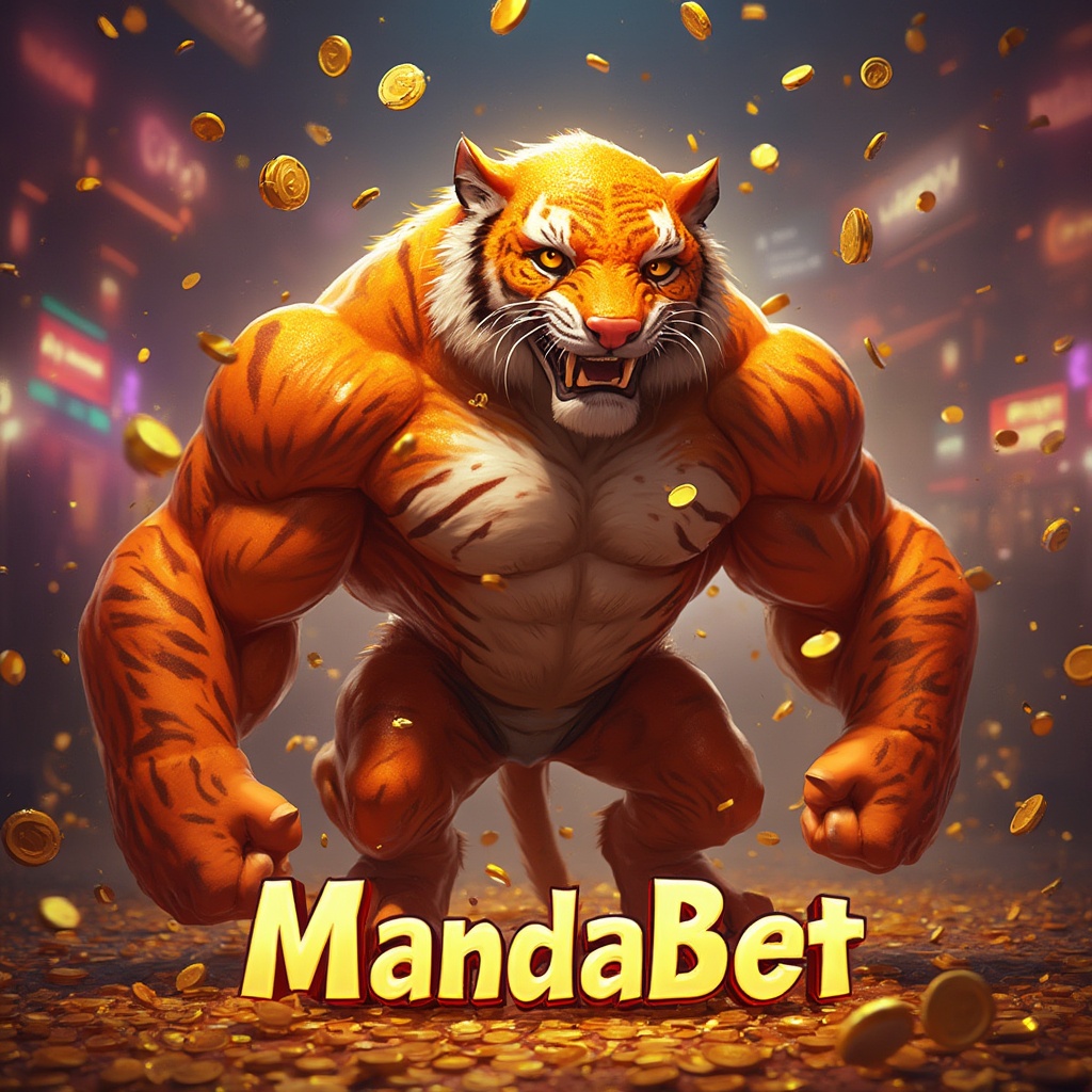 AI generated image by FLUX-Realism-Lora: Create a striking mascot for a casino named MandaBet. The mascot is a strong and imposing tiger with a muscular body and a confident stance, but the tiger's head is a realistic, vibrant tangerine. The tangerine head should be shiny and detailed, with visible texture of its skin, providing a unique and playful contrast to the tiger’s feline body. Surrounding the tiger are gold coins scattered on the floor and floating in the air, symbolizing wealth and fortune, with some coins even falling around the tiger's head. The background should evoke the vibrant energy of a casino with bright lights, symbols of luck, and a colorful, dynamic atmosphere. The name MandaBet should appear in bold, eye-catching letters at the bottom of the image, with a typography that matches the energetic style of the mascot