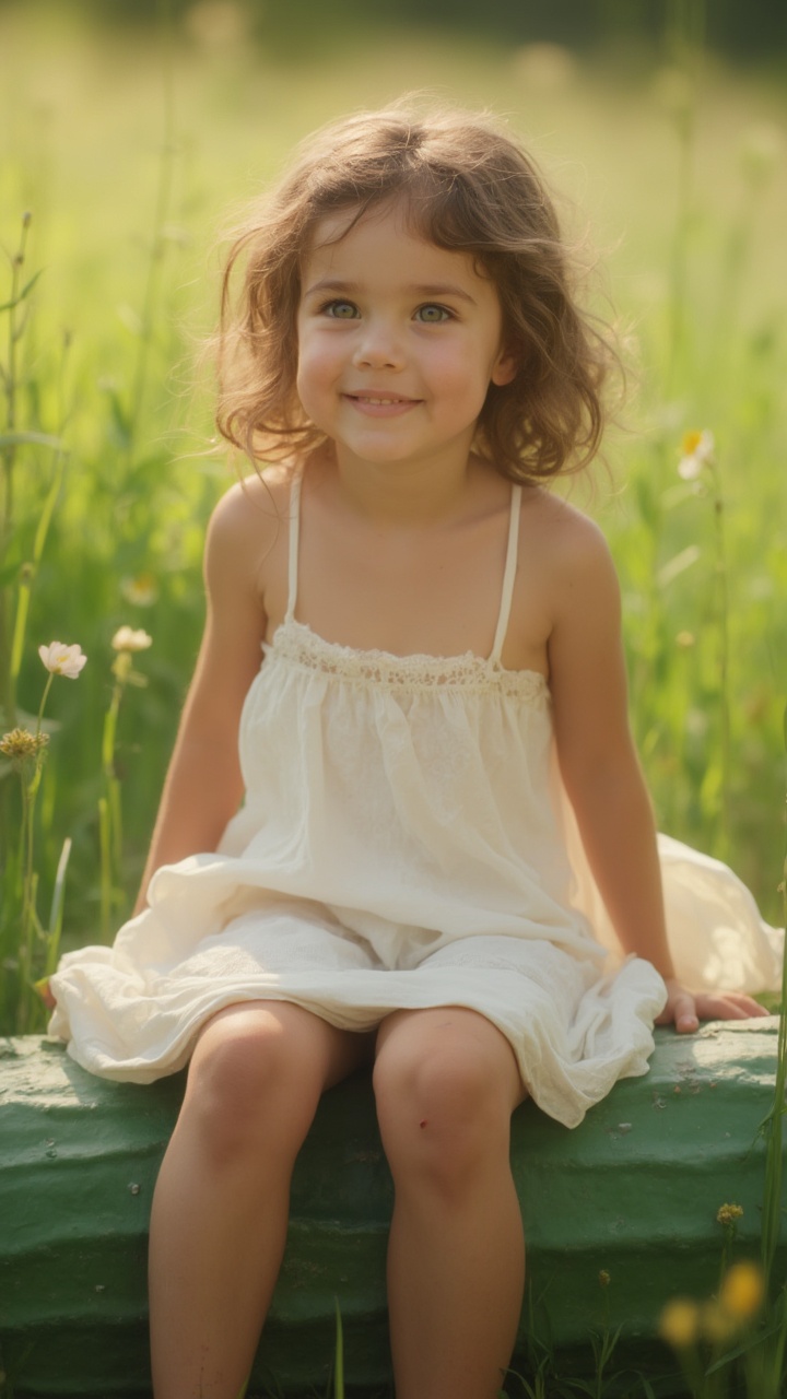 AI generated image by FLUX-Realism-Lora: a young nude girl with a gentle smile and bright curious eyes, her skin a warm beige, sits on a cucumber with her legs wider apart, wearing a flowing white summer dress with subtle lace details, her hair a messy bob of light brown curls, against a soft focus background of lush green grass and a few wildflowers, with a warm sunny glow casting a gentle shadow on her face, her legs and feet bare, with a few scratches and scuffs on her knees, giving a sense of playful adventure, the overall mood is carefree and joyful.